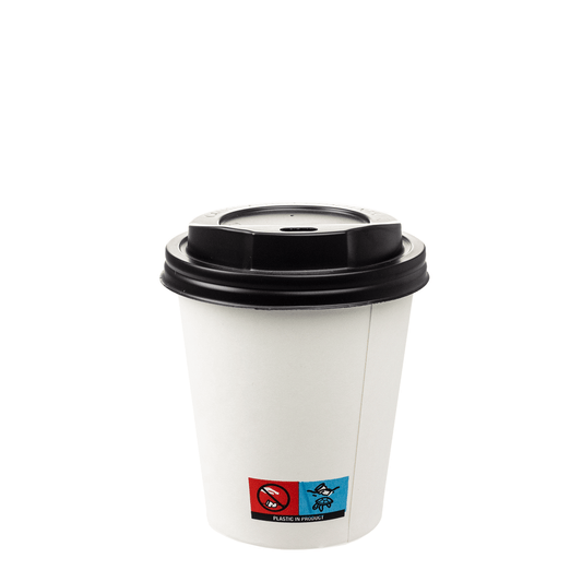 Vaso de cartón blanco con tapa y orificio negros, 25 cl (250 ml/8 oz)