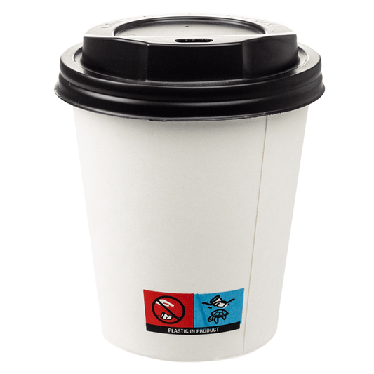 Vaso de cartón blanco con tapa y orificio negros, 25 cl (250 ml/8 oz)