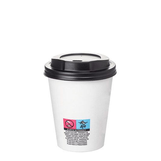 Vaso de cartón blanco con tapa y orificio negros, 24 cl (240 ml/8 oz)