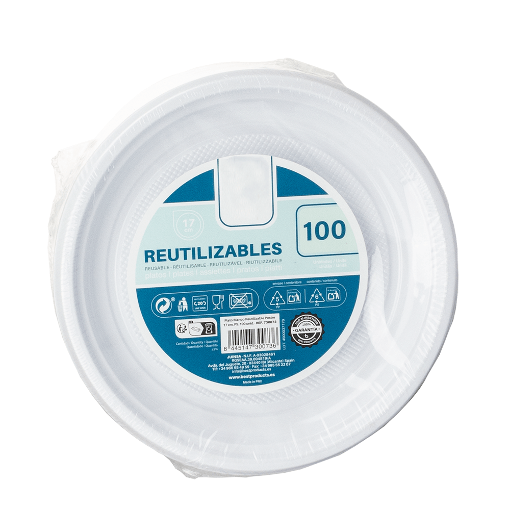 PRATO RASO REUTILIZÁVEL EM PS BRANCO 17CM