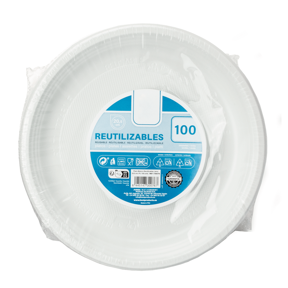 PRATO RASO REUTILIZÁVEL EM PS BRANCO 20,5CM