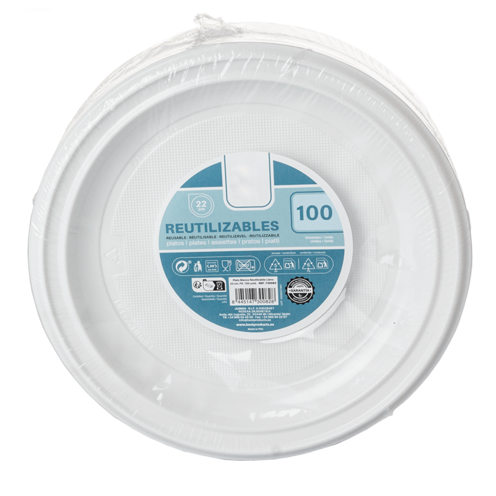 PRATO RASO REUTILIZÁVEL EM PS BRANCO 22CM