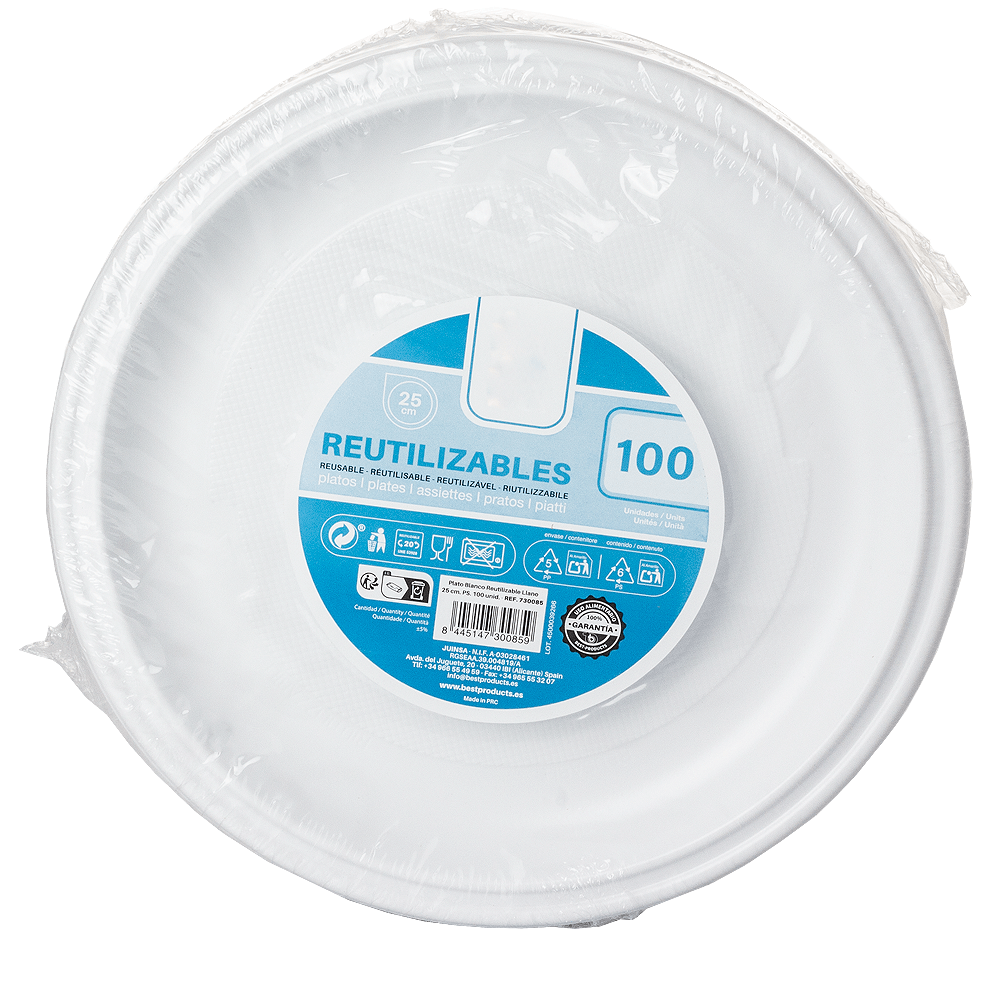 PRATO RASO REUTILIZÁVEL EM PS BRANCO 25CM