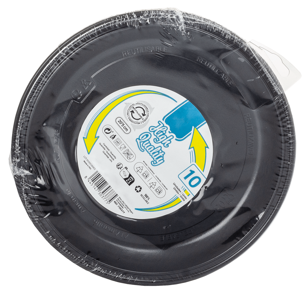 PRATO RASO REUTILIZÁVEL EM PS PRETO 20,5CM