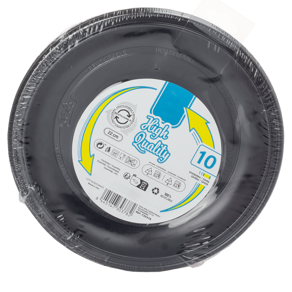 PRATO RASO REUTILIZÁVEL EM PS PRETO 22CM