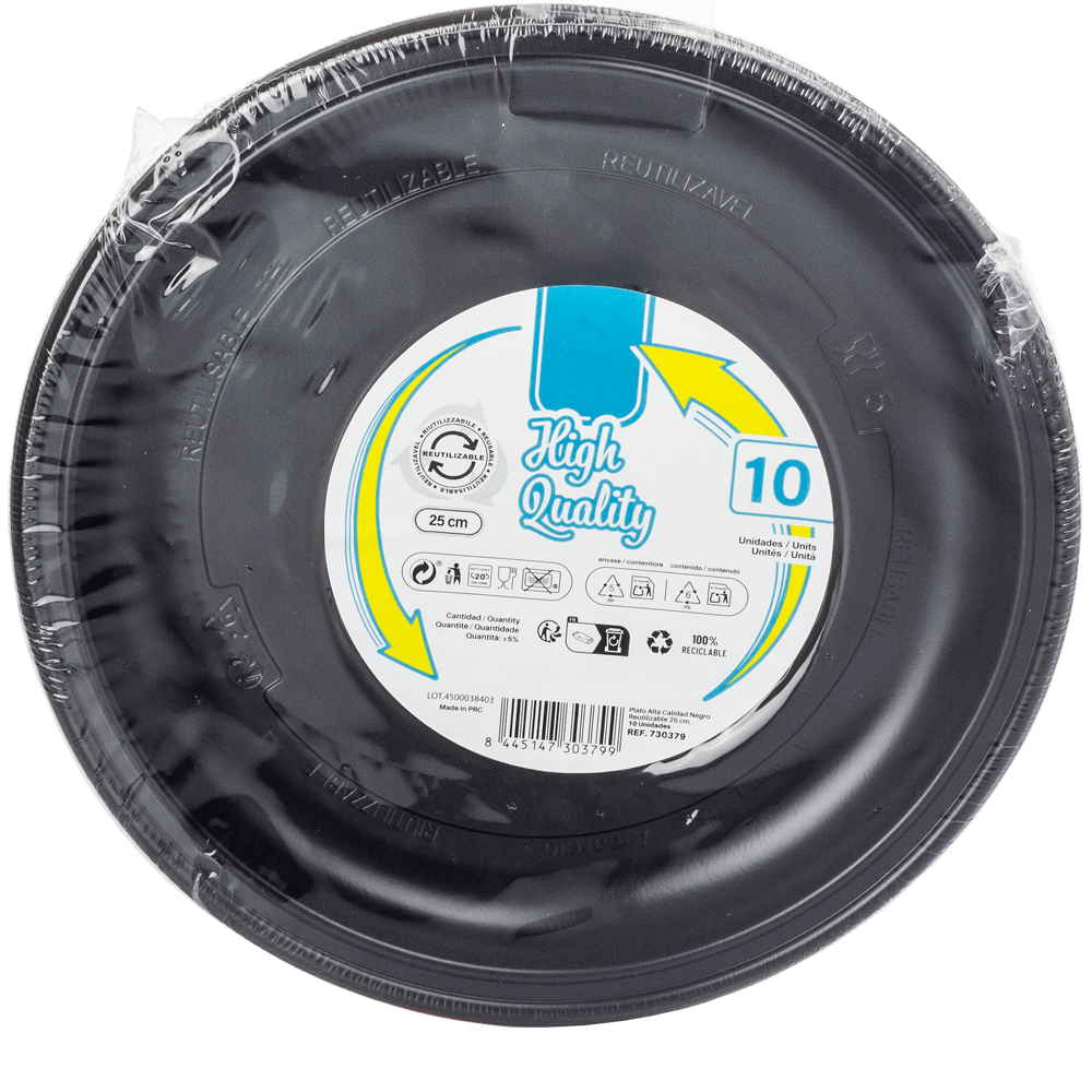 PRATO RASO REUTILIZÁVEL EM PS PRETO 25CM