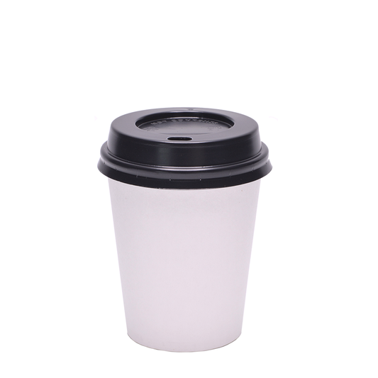 Vaso de cartón blanco con tapa negra, 20 cl (200 ml/7 oz)