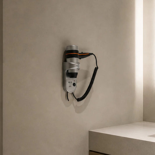 SECADOR DE PELO CON SOPORTE Y ENCHUFE - 1.800 W Plateado - PARED
