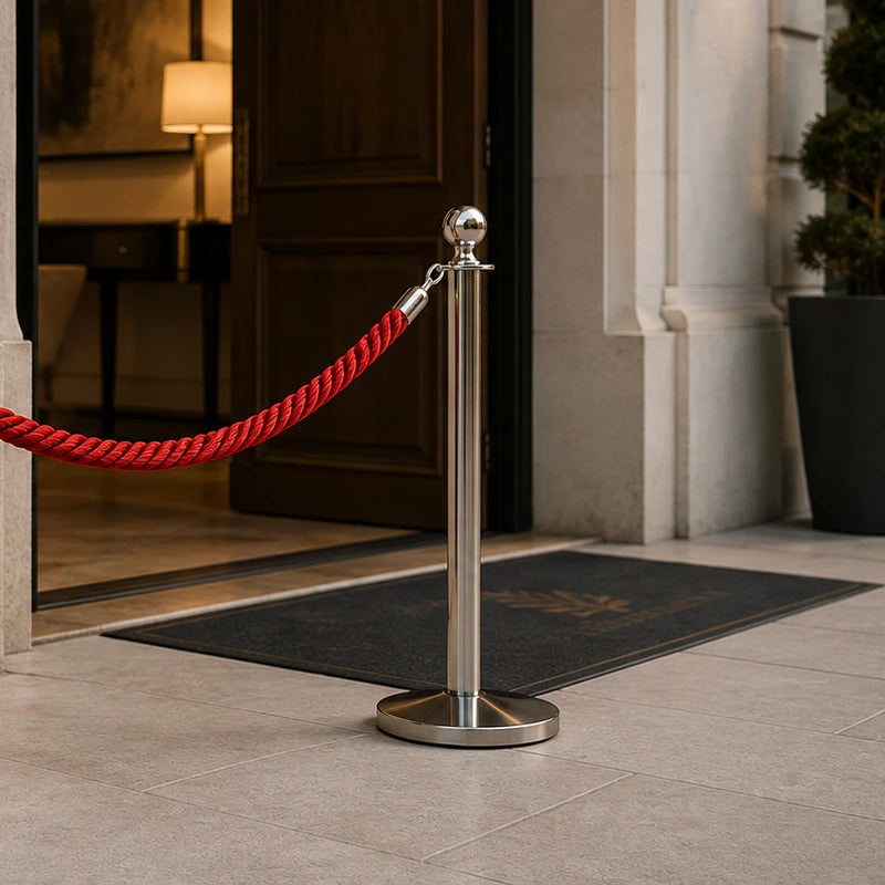 Cordão vermelho de delimitação entre postes separadores num hotel