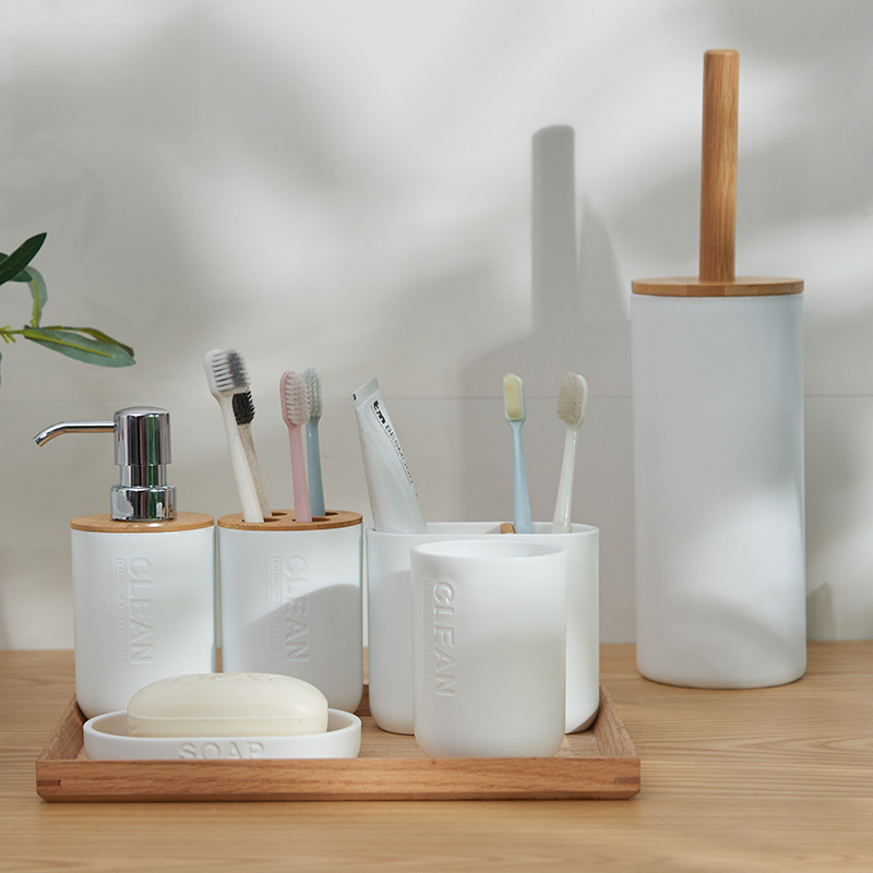 Conjunto de Acessórios para Banheiro e Porta-Escova de Dente de Bambu