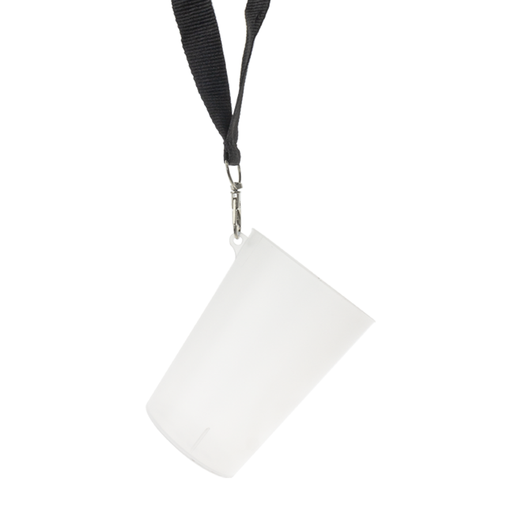 CONJUNTO COPO EM PP COM ARGOLA E FITA DE PESCOÇO PRETA COM MOSQUETÃO 25CL (250ML)