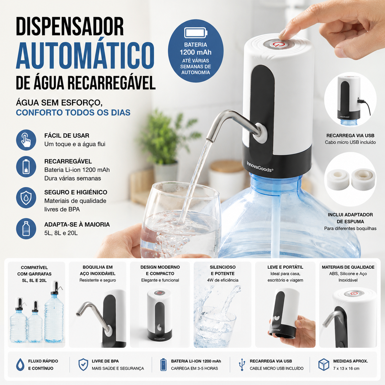 Dispensador de Água Automático Recarregável