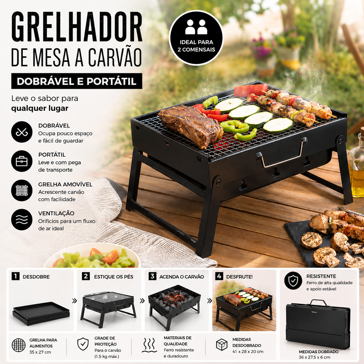 Grelhador dobrável portátil para Carvão BearBQ