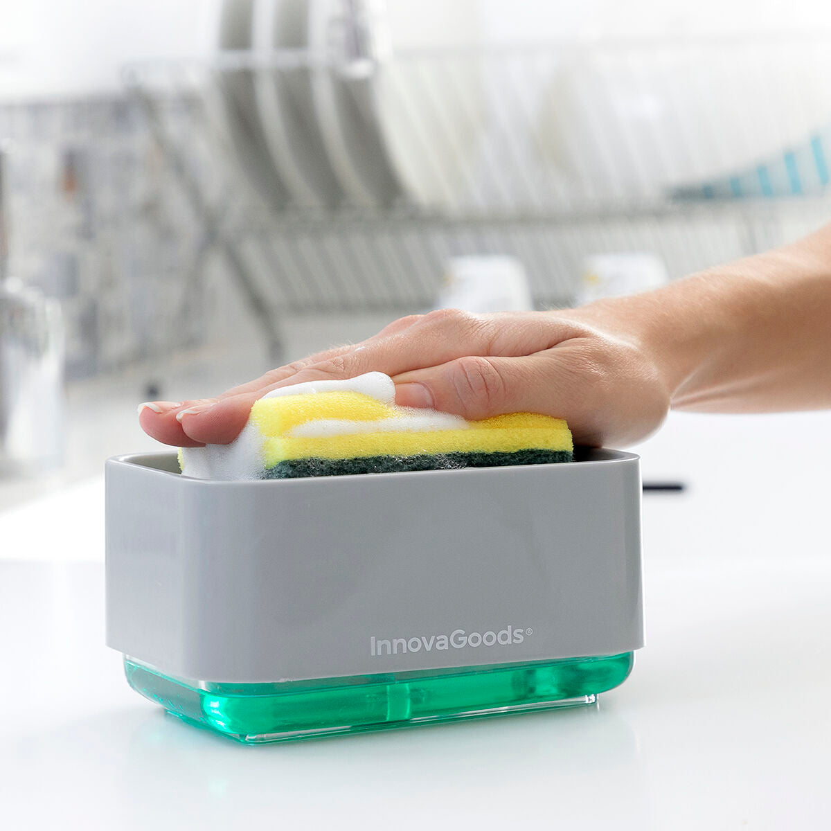 Dispensador de Detergente 2 em 1 com Suporte para Esponja Pushoap
