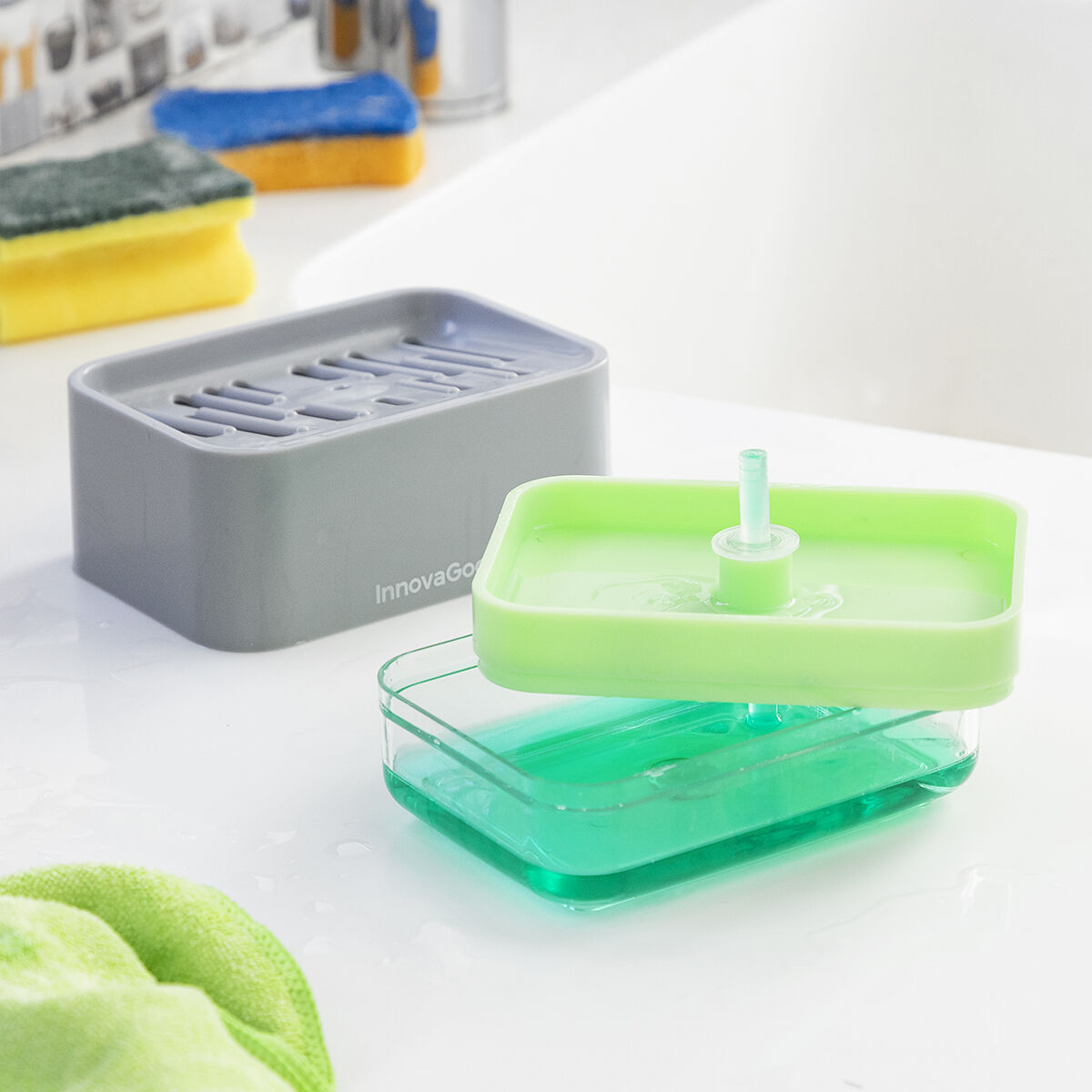 Dispensador de Detergente 2 em 1 com Suporte para Esponja Pushoap