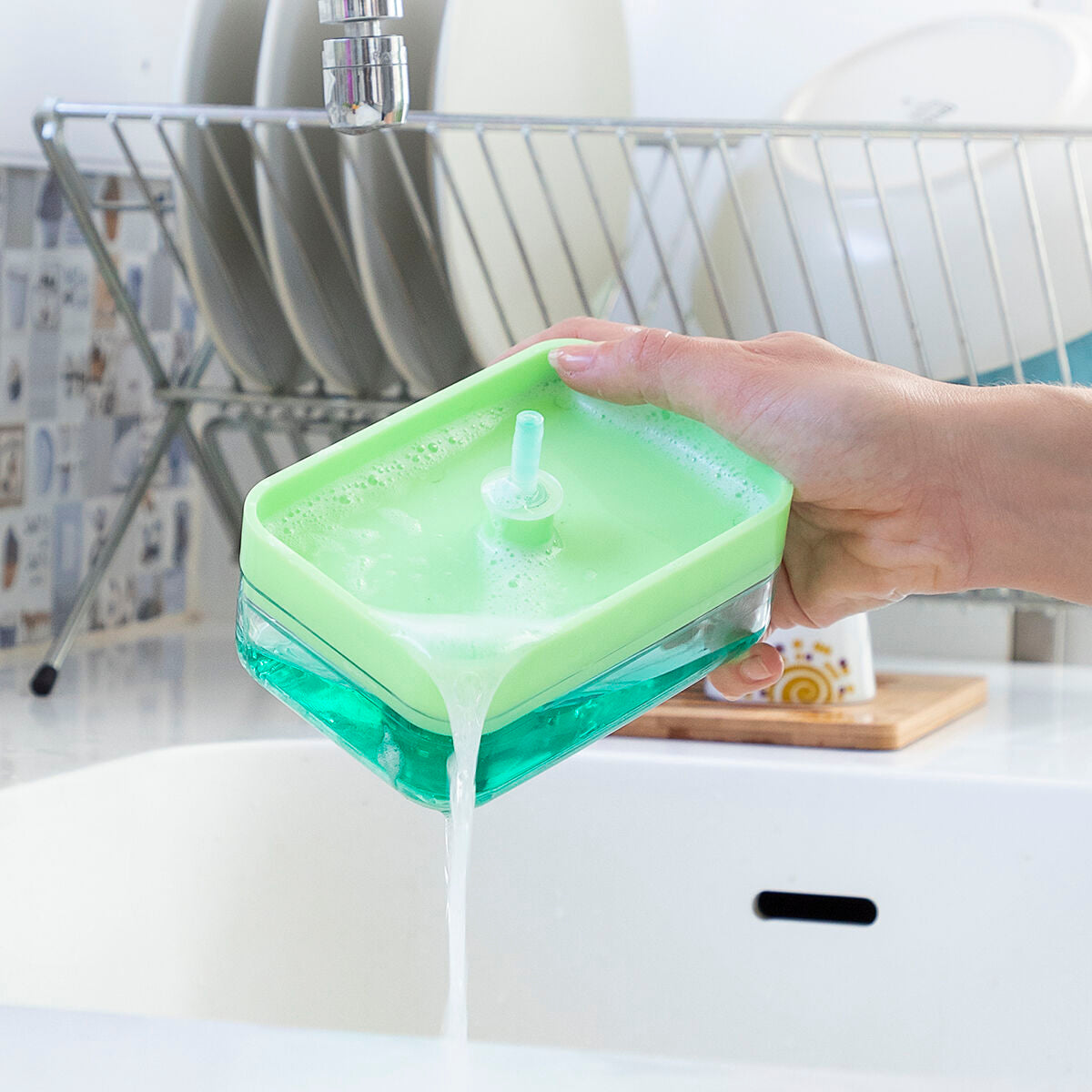 Dispensador de Detergente 2 em 1 com Suporte para Esponja Pushoap