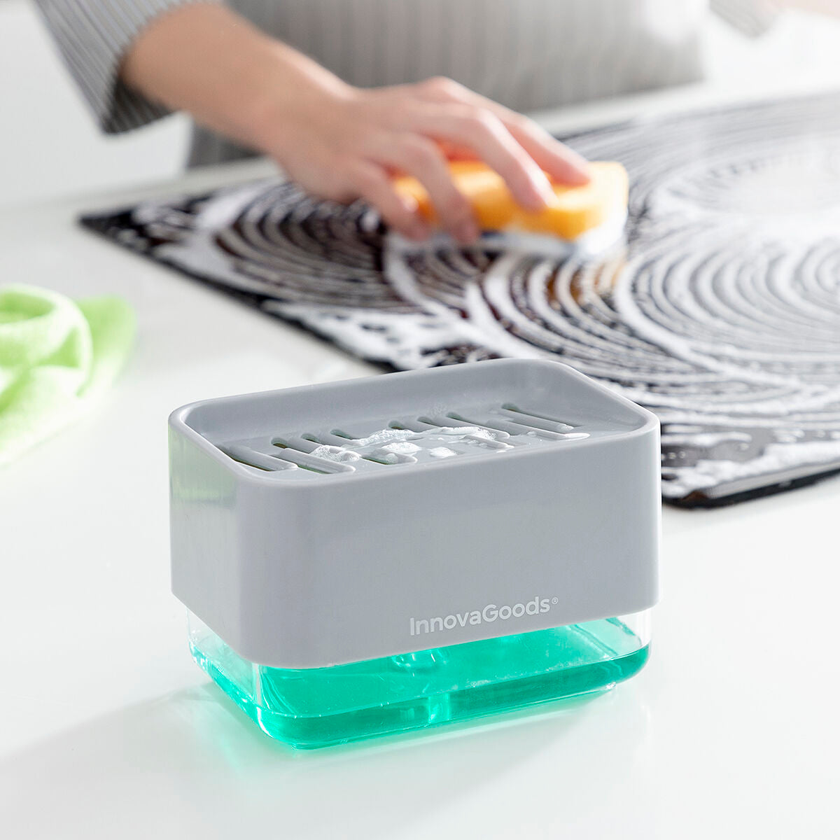 Dispensador de Detergente 2 em 1 com Suporte para Esponja Pushoap