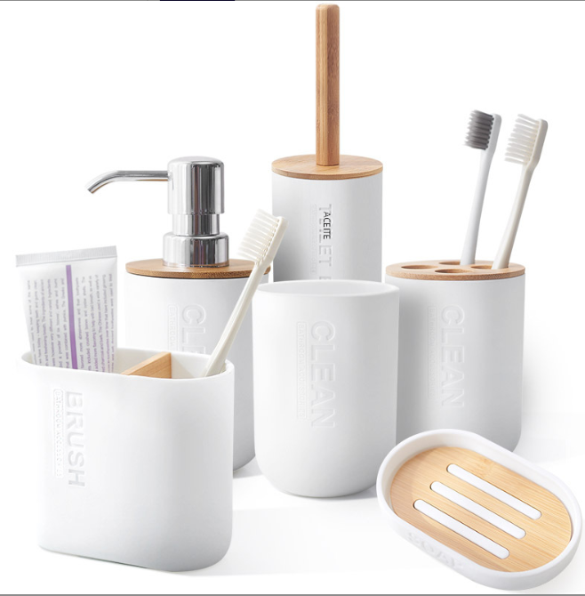 Conjunto de Acessórios para Banheiro e Porta-Escova de Dente de Bambu