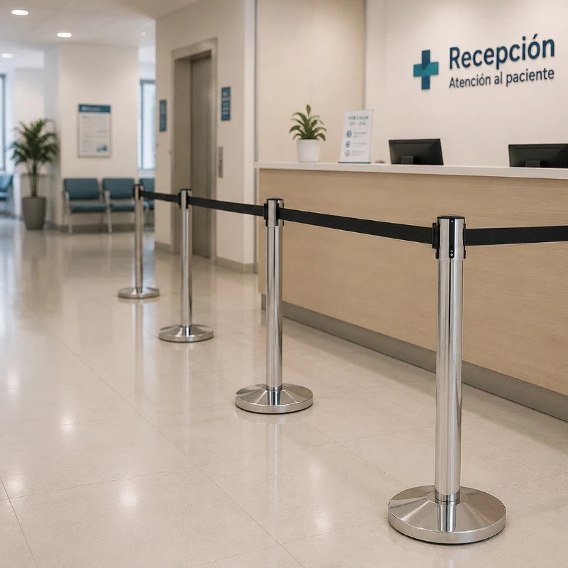 Organizadores de filas em inox com fita preta numa receção de hotel