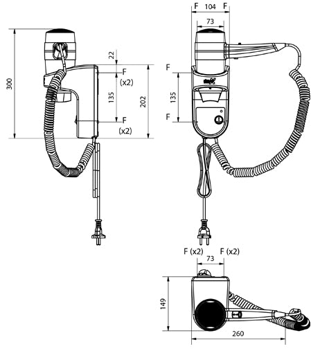 SECADOR DE PELO CON SOPORTE - 1.400 W Plateado - PARED